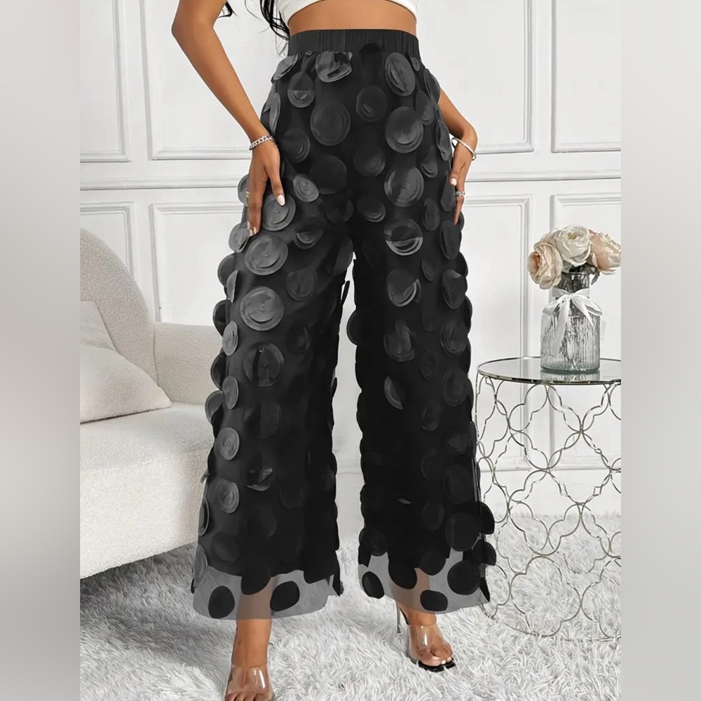 Circle Patched Wide Leg Solid Pants, Stylish High Waist Mesh Pants